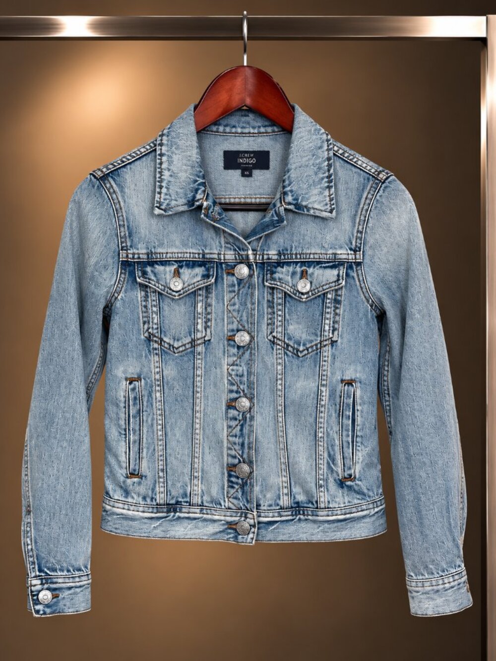 J.CREW INDIGO Distressed Light Wash Denim Jean Jacket Trucker Cotton Size XXS